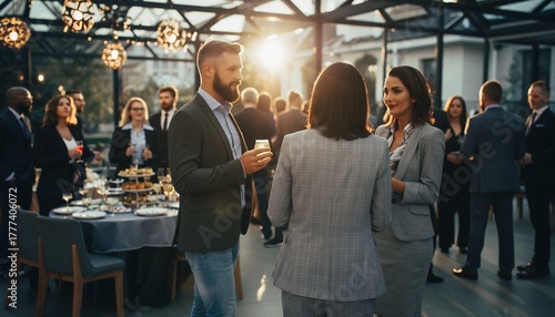 People in professional attire networking at a corporate event under decorative lighting, concept for business meeting, team building and social gathering