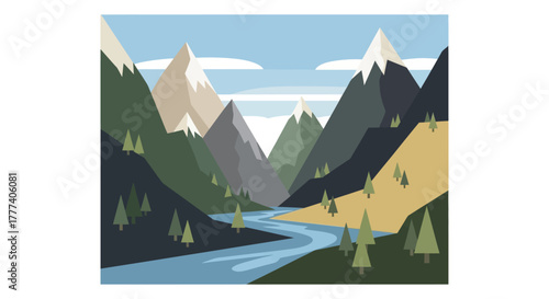 Serene Mountain Landscape with River and Trees.