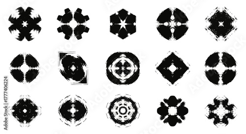Collection of fifteen abstract black and white brush stroke designs arranged in a grid