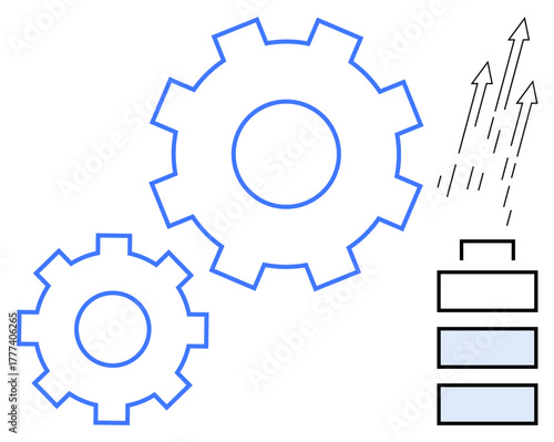 Two interlocking gears symbolizing process and efficiency, alongside energy levels and upward arrows for growth. Ideal for innovation, development, optimization, teamwork, strategy, productivity
