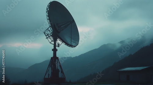 Large satellite dish overlooks foggy mountains and a small building.