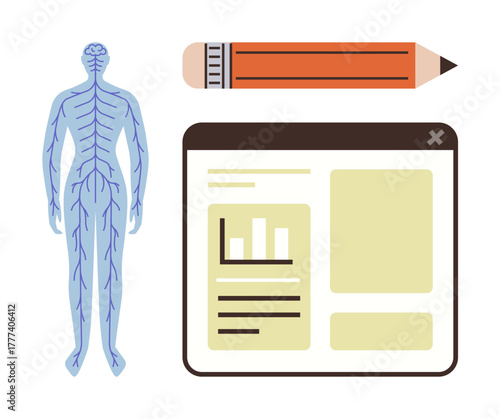 Human nervous system diagram, data chart in a browser window, and a pencil. Ideal for healthcare, science, education, anatomy, research analysis digital learning. Simple flat metaphor