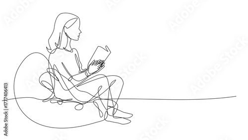 One Line Art: Minimalist Continuous Line Drawing of Girl reading on Bean Bag