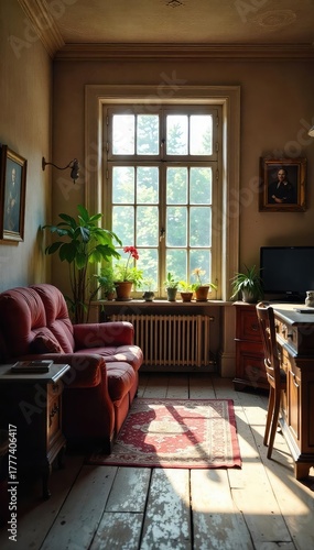 Cozy vintage living room with worn wooden floors, antique furniture, and sunlit window  Perfect for home decor, interior design, and real estate websites , warm, interior design