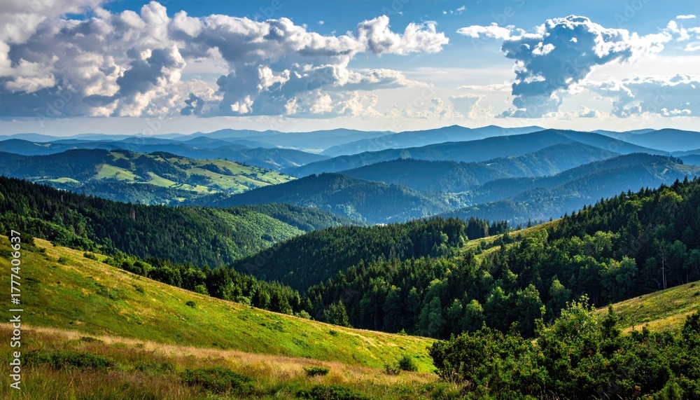 Fototapeta premium Rolling green hills under a bright blue sky with dramatic clouds during golden hour light casting soft shadows across the landscape