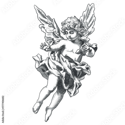 Vector Freehand Cupid scribble isolated on white background. Texture of writing materials. Handwritten valentines doodles, pencil strokes. Hand drawn cupidon. Line art, sketch Baroque 