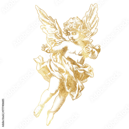 Vector Freehand golden Cupid scribble isolated on white background. Texture of writing materials. Handwritten valentines doodles, pencil strokes. Hand drawn cupidon. Line art, sketch Baroque 