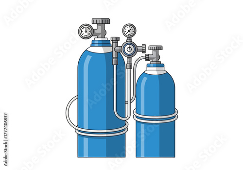 Two Blue Oxygen Tanks with Gauges and Regulator.