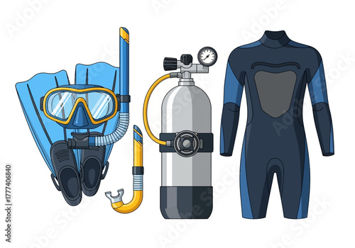 Complete Scuba Diving Gear Set Illustration on White Background.