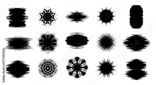 Fifteen black distressed shapes arranged on a white background