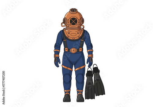Vintage Diving Suit with Copper Helmet and Fins.