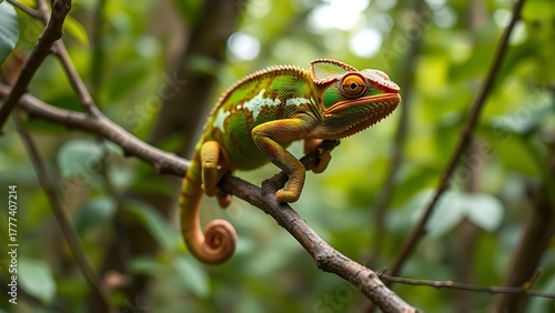 unanimity. Chameleon blending into a tree branch, natural camouflage in a forest environment. wildlife magazines, conservation campaigns, designed for eco-tourism storytelling, used by photographers.