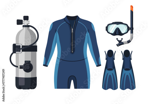 Scuba Diving Gear Set: Wetsuit Tank Mask Snorkel and Fins.