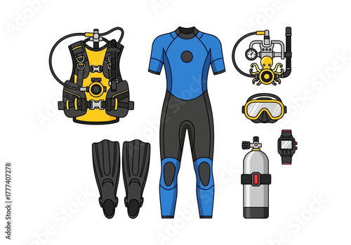 Scuba Diving Gear Set: Wetsuit BCD Fins Mask Regulator Tank and Dive Watch.