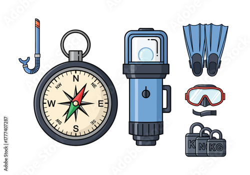 Collection of Diving Equipment and Accessories Illustration.