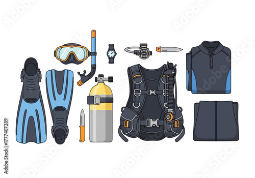 Scuba Diving Equipment Set with Fins Mask Tank Regulator BCD Wetsuit Knife and Watch.