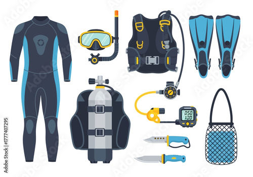 Complete Set of Scuba Diving Equipment Illustration.