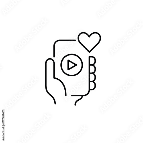 Phone in hand with playback app and heart. Favorite videos, trusted streaming. Pixel perfect, editable stroke vector icon