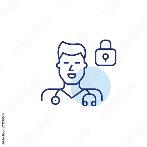 Doctor with stethoscope and lock. Patient data security, confidential healthcare. Pixel perfect, editable stroke vector icon