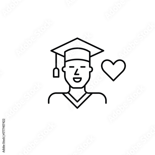 Man in graduation cap and heart. Academic achievements, love for learning, education with passion. Pixel perfect, editable stroke vector icon