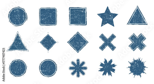 Fifteen textured blue shapes including circles squares diamonds stars crosses triangles and asterisks in a row formation