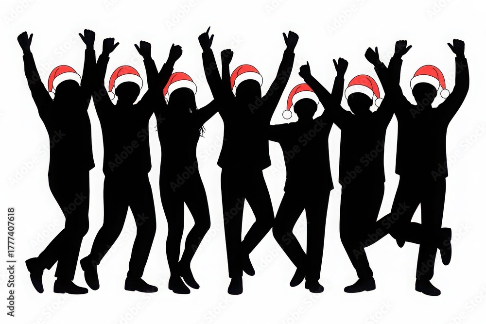 Fototapeta premium Silhouette of a group of people wearing santa hats and celebrating isolated on white background