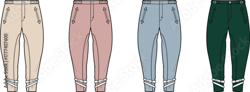 Flat sketch illustrations depicting women's stylish tapered trousers with unique ankle-tie details, presented in various colors for modern fashion design projects