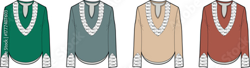 Collection of four elegant V-neck blouses with decorative ruffled collars in various colors
