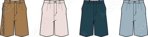 Set of four flat sketches of casual shorts in various neutral colors, showcasing different styles for a wardrobe