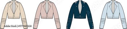 Illustrations of four women's contemporary short jackets in various colors beige, pink, navy, and light blue, for fashion design and apparel projects