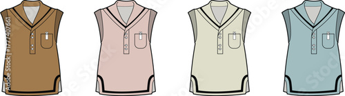 Collection of stylish sleeveless polo shirts in a range of muted, earthy, and pastel colors, featuring modern design details for versatile fashion