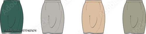 Fashion technical flat sketch of an elegant draped skirt shown in four seasonal colors. Apparel design template and clothing mockup collection