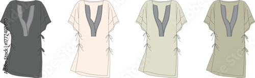 Set of four simple tunic-like garments in various muted color palettes, each with a V-neckline and tie details