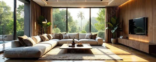 Luxurious modern living room with stylish furniture, statement lighting, and large windows offering abundant natural light Perfect for interior design blogs and magazines , wall art, carpet