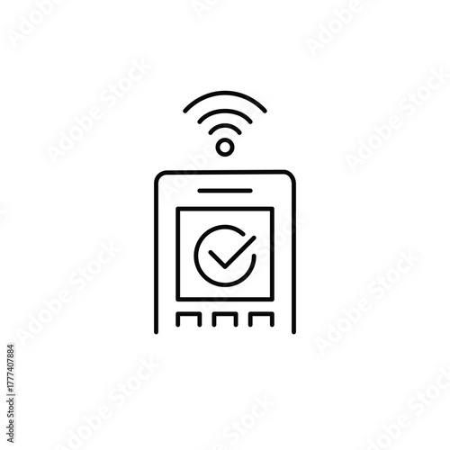 RFID terminal with approval checkmark and wi-fi. Wireless payment and contactless checkout. Pixel perfect, editable stroke vector icon