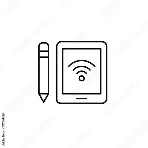 Tablet and pencil with wi-fi symbol. Internet connection, digital presence. Devices online. Pixel perfect, editable stroke vector icon