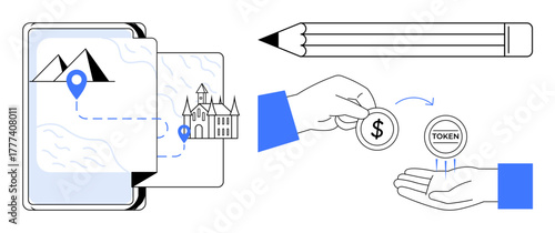 Map on tablet with location pin and castle, hand exchanging coin for token, pencil symbolizing creativity. Ideal for travel, tourism, finance, creativity, education, innovation minimalism simple