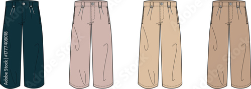 Collection of four casual women's flat-front trousers in varied earthy and neutral tones, showcasing practical design for everyday fashion and apparel concepts