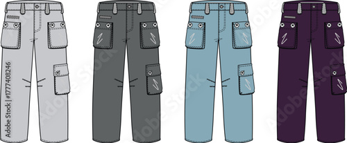 Trendy Cargo Pants in Different Colors Stylish Apparel Vector Illustration