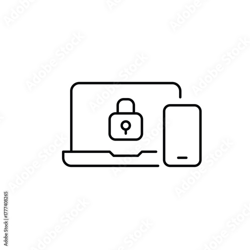 Laptop, phone and lock. Biometric authentication, device security and protection. Pixel perfect, editable stroke vector icon