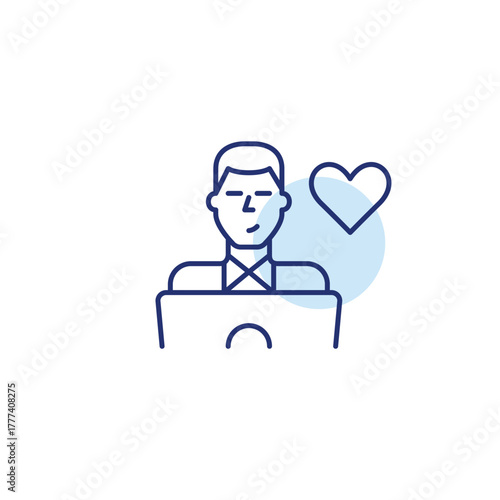 Man working at laptop and heart. Customer support, remote user care. Pixel perfect, editable stroke vector icon
