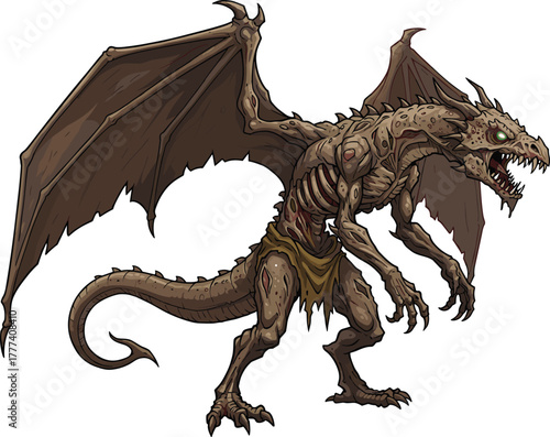 Undead dragon creature, horror fantasy vector, skeletal wings, glowing green eyes, zombie monster, cracked skin, sharp claws, tattered cloth, creepy mythical beast