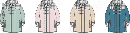 Colorful illustrative collection of classic hooded duffle coats, perfect for diverse winter fashion apparel, featuring toggle closures and a cozy design aesthetic