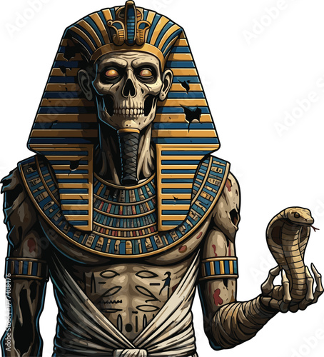 Undead Egyptian pharaoh vector illustration, skeleton character, cobra snake, mummy bandages, ancient mythology, horror fantasy, spooky, dramatic, dark, supernatural, cursed