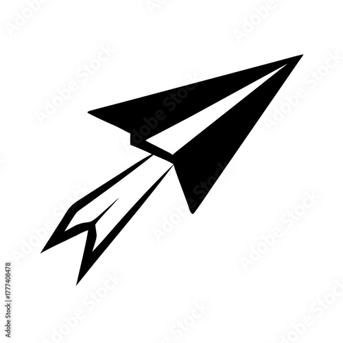 Illustration of a black paper airplane soaring upwards on a white background with simple line work design