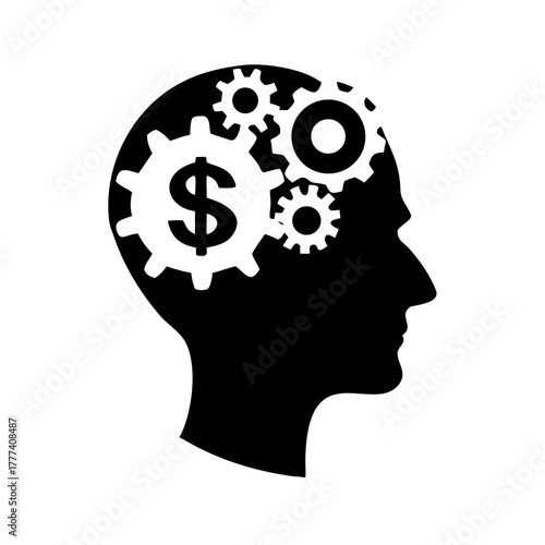 Silhouette of a head with gears and a dollar sign inside representing financial thinking and innovation