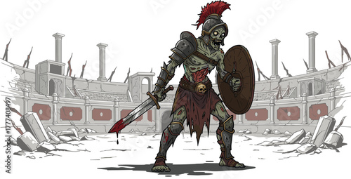 Undead gladiator warrior standing in ruined Roman colosseum with bloody sword and shield, zombie fighter illustration, horror fantasy vector art, detailed ancient battle design