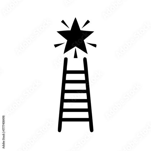 Illustration of a black ladder leading up to a shining black star against a white background space for text