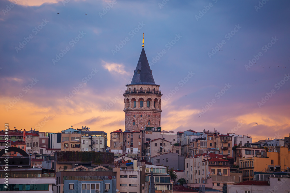 Naklejka premium The Galata Tower at dawn. Magnificent cityscape of Istanbul in the morning.