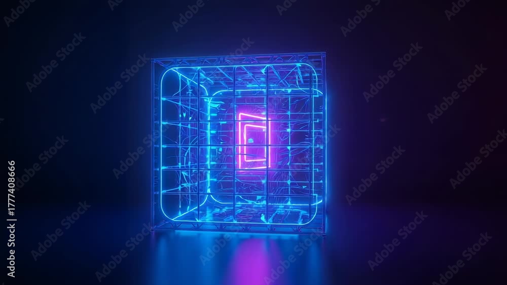 Rotating neon-blue wireframe cube revealing nested pink core on shiny studio floor, pulsing glow